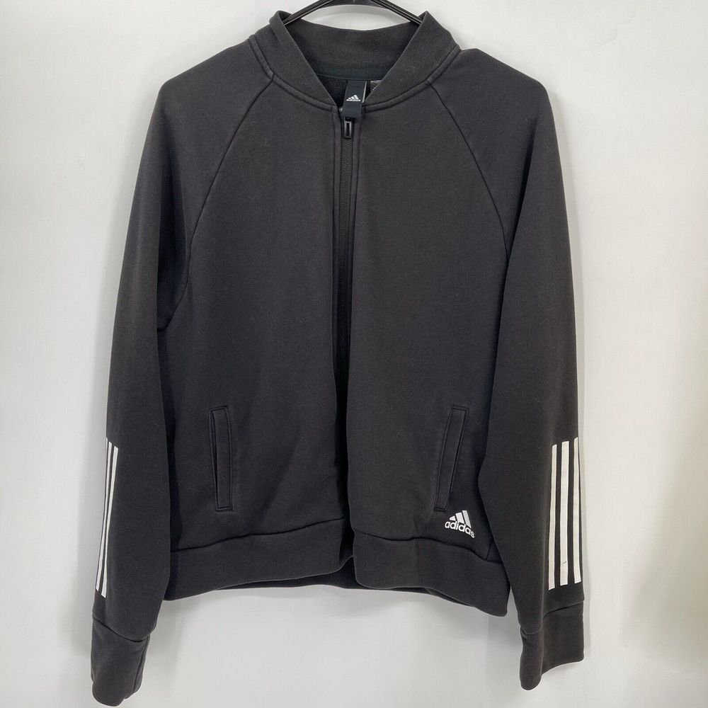Adidas Large Bomber Track Jacket Womens Black Three Stripe Back Graphic Zip‎ Up